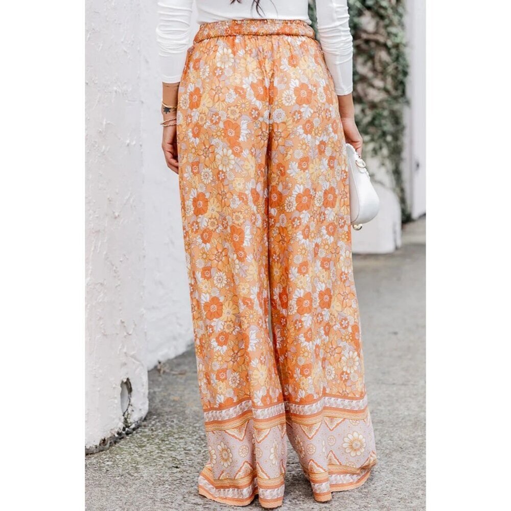 PINK LILY TIE WAIST BOHO FLORAL PRINT WIDE LEG PANTS - Picture 2 of 10